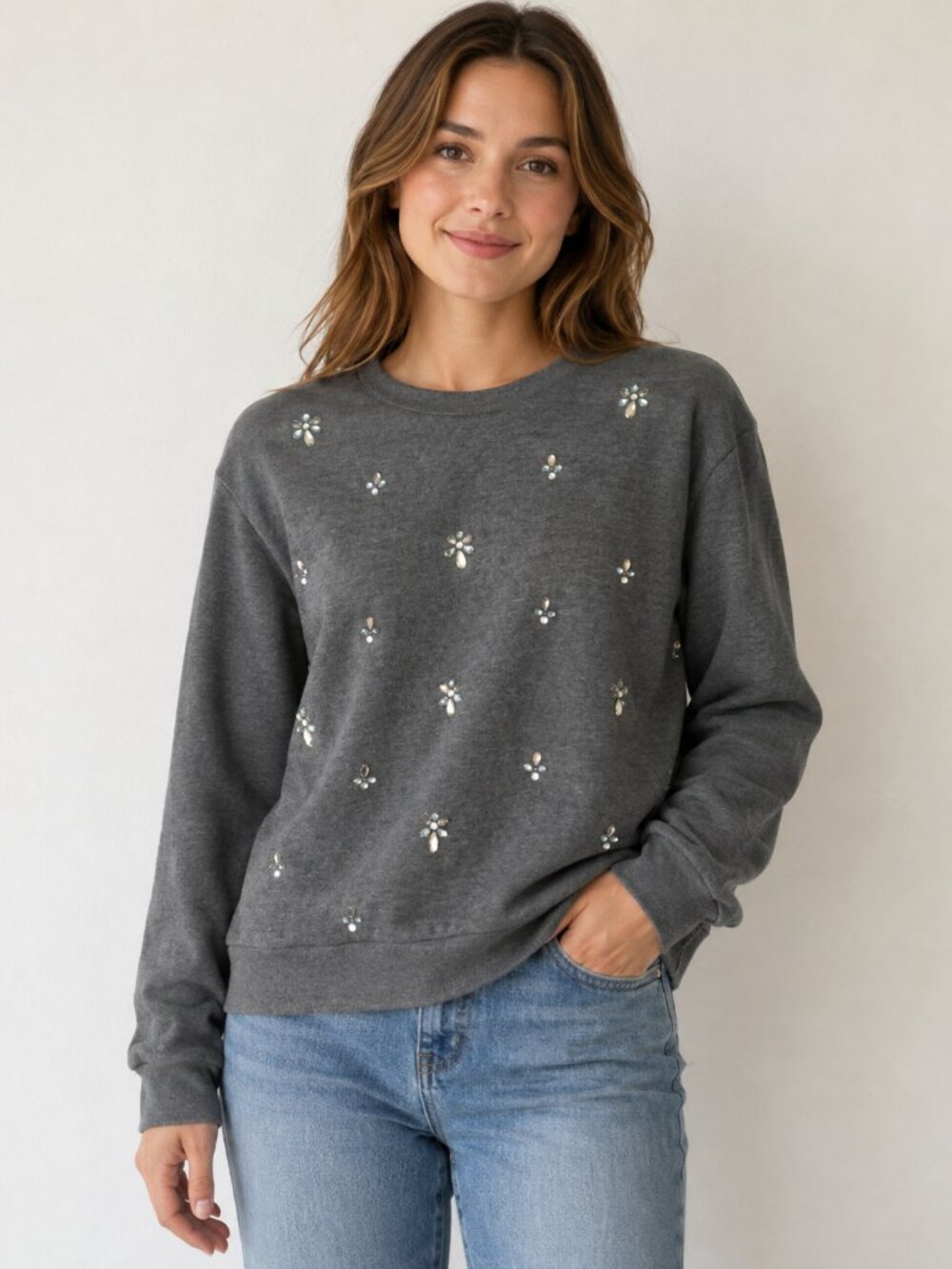 J.Crew Gray Jeweled Embellished Crewneck Sweatshirt Size L - Picture 1 of 7